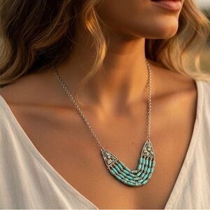 Vintage Turquoise Silver Adjustable Necklace Gemstone Embossed